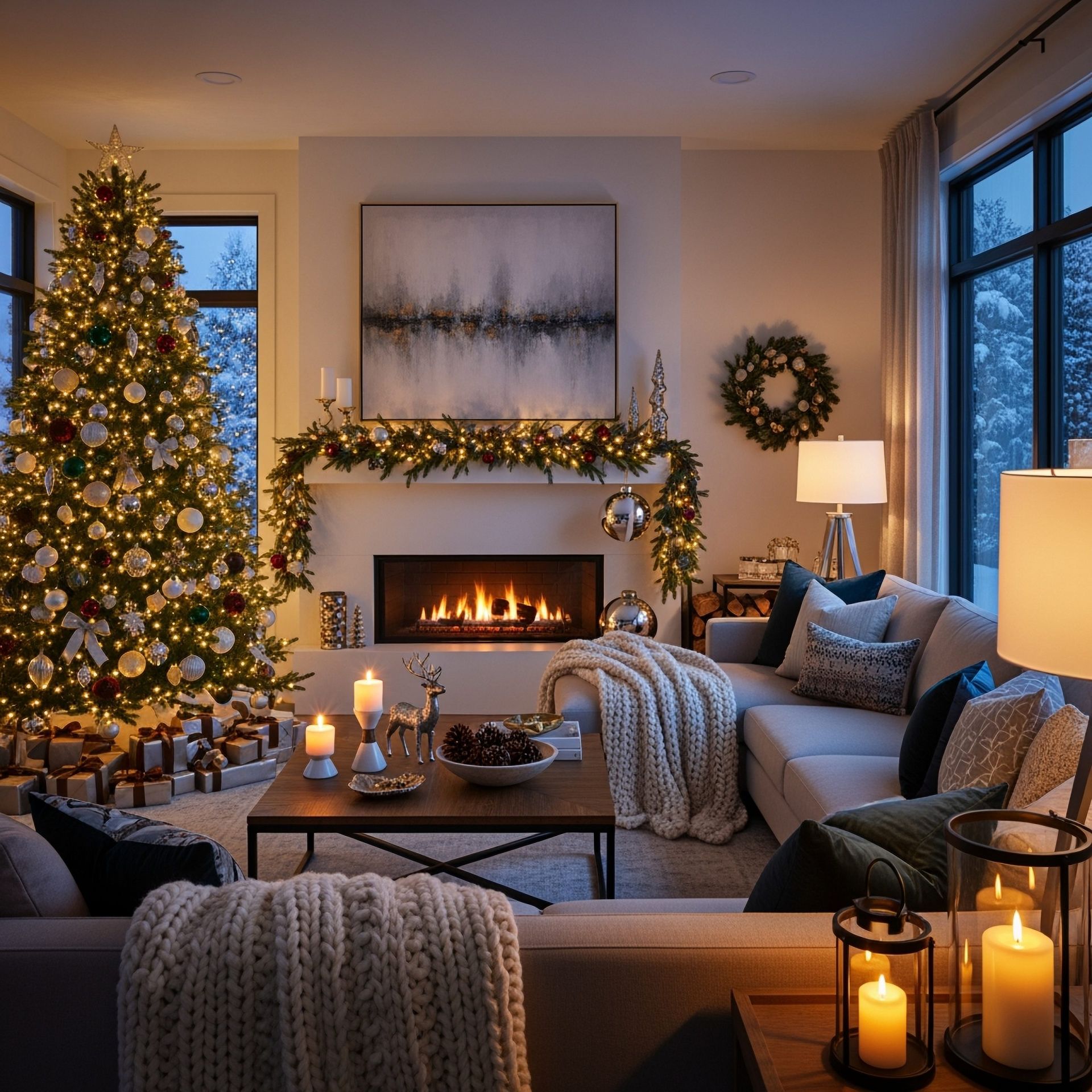 een sfeervol kerstinterieur met een verlichte kerstboom, brandend haardvuur, winterdecoratie en zachte plaids in een gezellige woonkamer